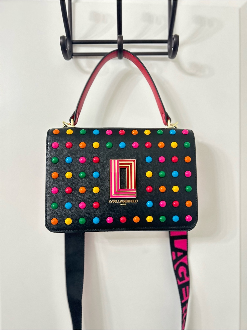 Karl Lagerfeld Black Crossbody Bag with Multicolor Studs and Pink Trim